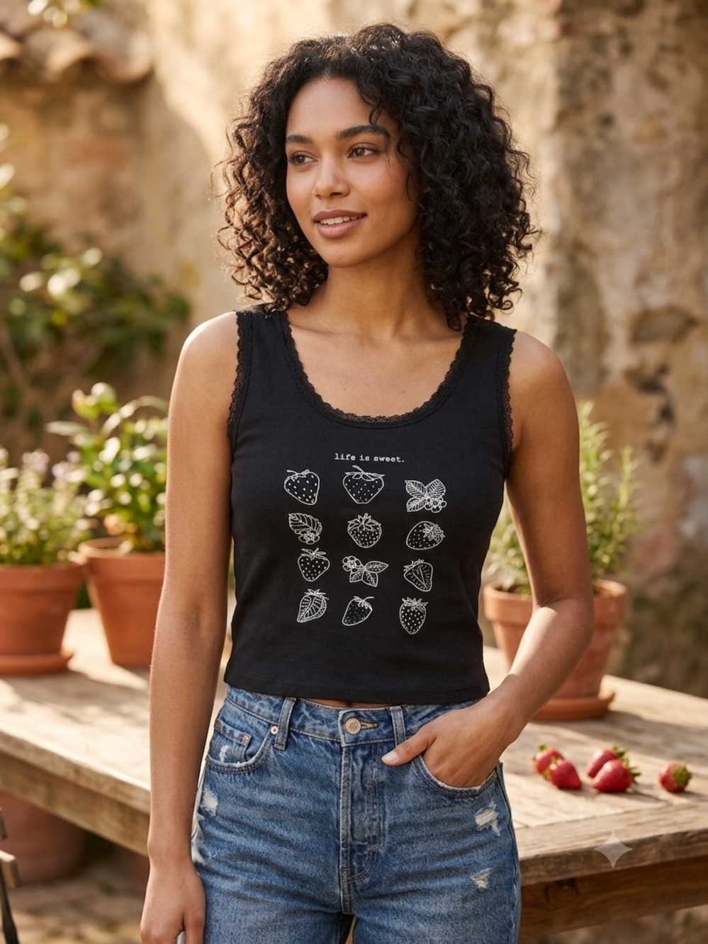Black Womens Obsessive Love Graphic Lace-Trim Tank Top Life Is Sweet Strawberry